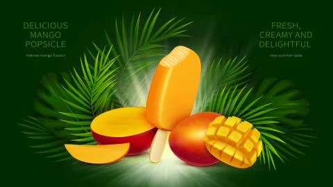 Mango popsicle, bitten yellow ice cream and palm leaves Stock Illustration