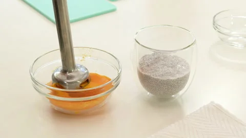 Mango puree. Mango Chia seed layered pudding smoothie step by step recipe. Stock Footage 133285332