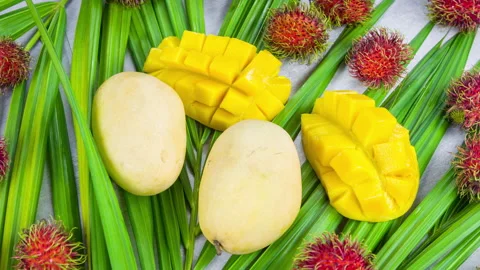 Mango, rambutan on a palm leaf. Fresh tropical Fruits close up rotation 스톡 동영상 94548147