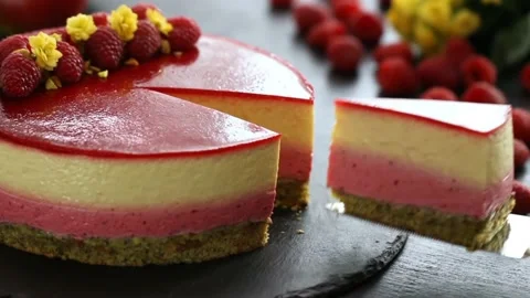 Mango raspberry mousse cake 4k. Stock-Footage 211631150