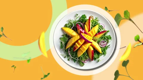Mango salad with micro green leaves and onions - on a white plate Stock Footage 281191416