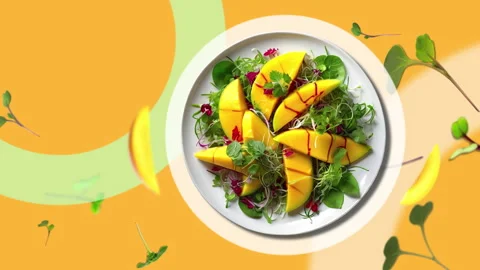 Mango salad with micro green leaves and sauce - on a white plate Animation Stock Footage 281192396