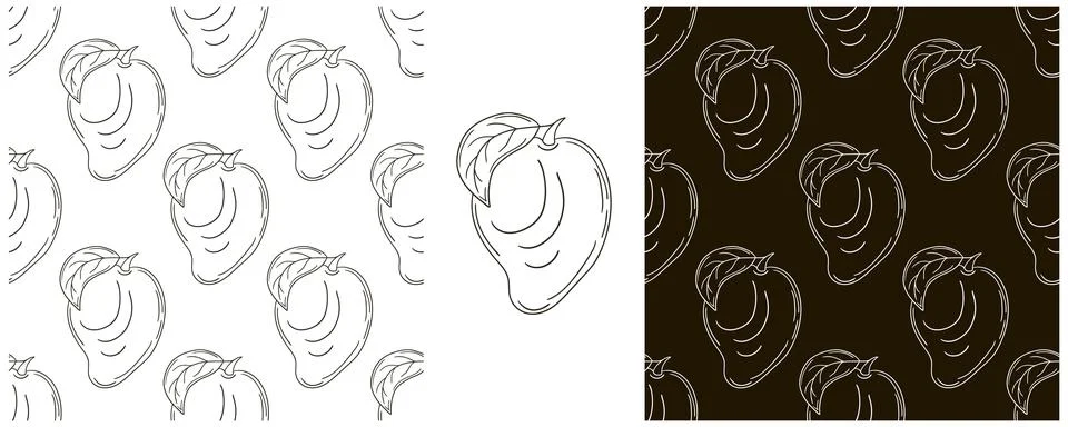 Mango. Seamless pattern for kitchen, restaurant or shop. Monochrome Set in ha Stock Illustration