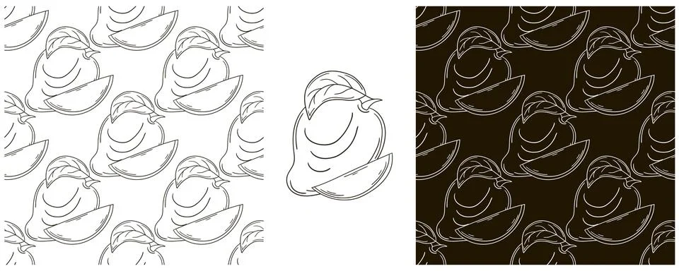 Mango. Seamless pattern for kitchen, restaurant or shop. Monochrome Set in ha Stock Illustration