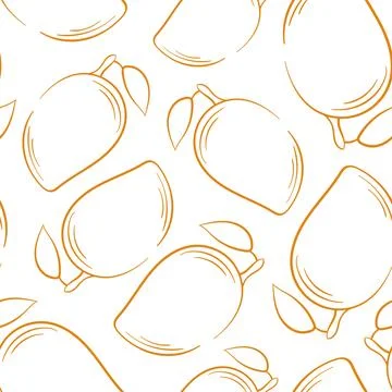Mango seamless pattern in line art style. Hand drawn mango background. Vector Stock Illustration