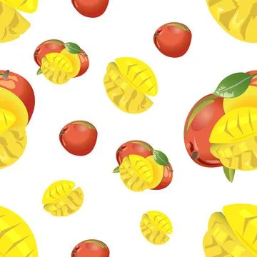 Mango seamless pattern with twig and leaf and cut piece. Vector illustration 스톡 일러스트