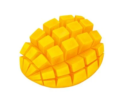 Mango slice cut to cubes. Half fresh tropic fruit diced. Realistic illustration Stock Illustration