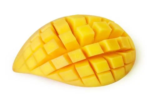 Mango slice cut to cubes isolated Stock Photos