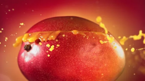 Mango Slice falling and splashing on yellow pink background. Food levitation Video stock 193084477
