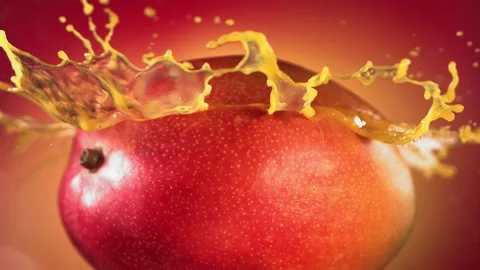 Mango Slice falling and splashing on yellow pink background. Food levitation Video stock 193088969