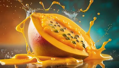 Mango slice with water drops. Isolated on background. Stock Illustration