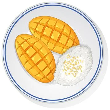 Mango Sticky Rice Dessert on White Plate Vector Stock Illustration