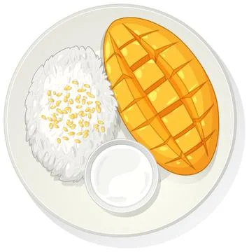 Mango Sticky Rice Dessert on White Plate Top View Stock Illustration