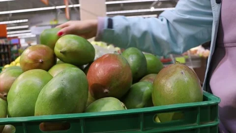 Mango in the store. The cutomer chooses the mango. Stock-Footage 239452361