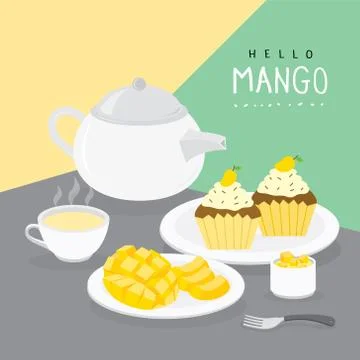 Mango Summer and Mango Cupcake with Fruit Tea Vector. Stock Illustration