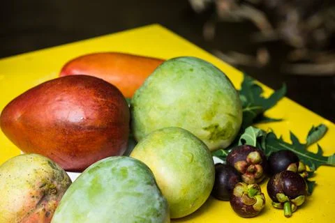 Mango on table under tree, vegetarian concept Fotos Stock