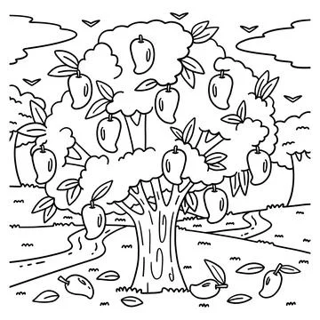 Mango Tree Fruit Plant Coloring Page for Kids 스톡 일러스트