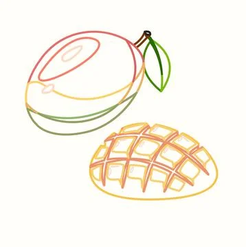 Mango tropical fruit. line drawing art color illustration. Hand drawn vecto.. Ilustração Stock