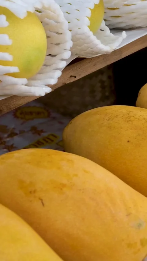 Mangoes fruit packaging tropical fruit with green leaf, Ripe mango in grass Stock Footage 313049439
