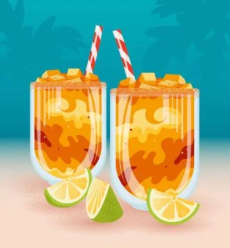 Mangonada, mexican mango smoothie with chamoy sauce chili. Glasses, lime, palm Ilustração Stock
