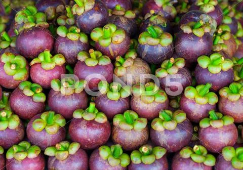 Mangosteen on the counter of market Stock Photos