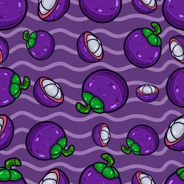 Mangosteen Fruit Seamless Pattern in Cartoon Style. Perfect For Background,.. Stock Illustration