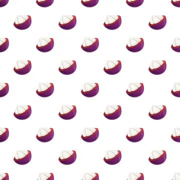 Mangosteen halves fruit seamless pattern on white background Stock Illustration