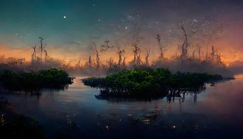 Mangroves on the banks of the river at night, neural network generated art Stock Illustration