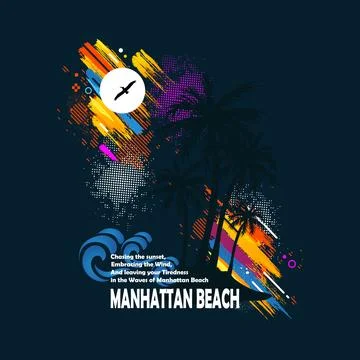 Manhattan Beach Sunset Surf Design With Palm Silhouettes, Waves, Colorful Grunge Illustrazione stock