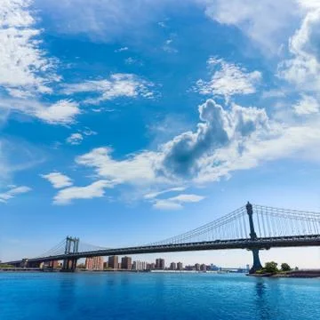 Manhattan bridge and skyline from brooklyn nyc Stock Photos