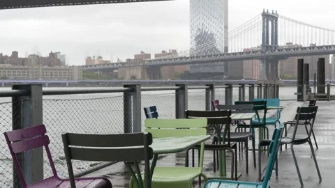 Manhattan Bridge, Brooklyn Bridge park, New York City Dumbo, USA. Waterfront Stock Footage 332190367