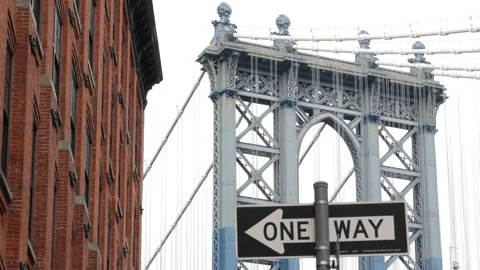 Manhattan bridge in Brooklyn Dumbo. Red brick building on Washington street. New Stock Footage 321664716