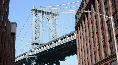 Manhattan Bridge close up, view from Dumbo, sunny afternoon Stock Footage 68930491