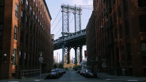 Manhattan Bridge in DUMBO, Brooklyn Stock Footage