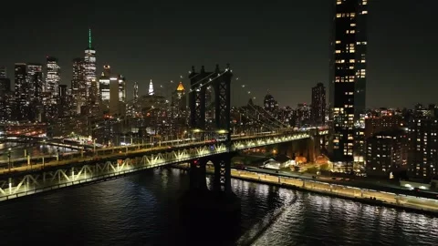 Manhattan Bridge from Dumbo Brooklyn New York City Night Aerial Footage Stock Footage 236263853