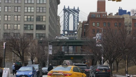 Manhattan Bridge seen from Washington Street in Dumbo New York Stock Footage