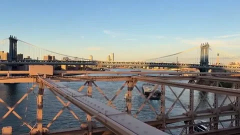 Manhattan Bridge View From Brooklyn Bridge Across East River At Dusk New York Stock Footage 342992687