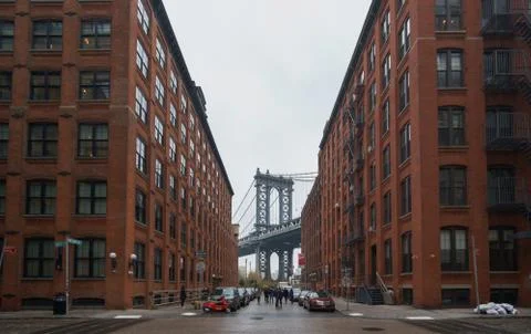 Manhattan Bridge from Washington Street in Dumbo, Brooklyn Stock Photos