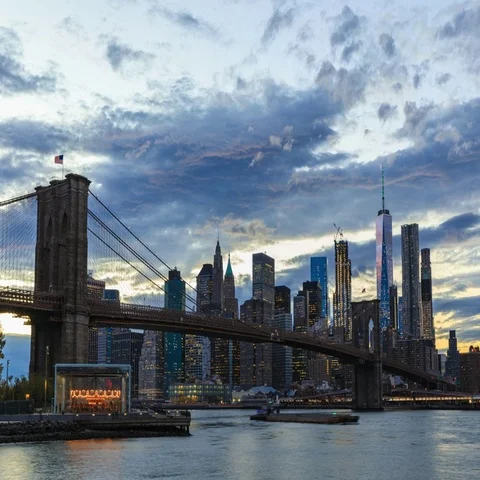 Manhattan from Brooklyn Bridge Park at sunset Stock Footage 69454732
