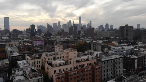 Manhattan buildings rooftops at sunset time in New York City Stock Footage 97700679