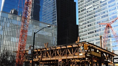 Manhattan cunstruction process with working crane Stock Footage 125131486