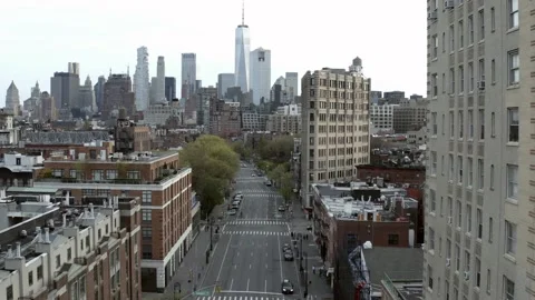 Manhattan empty streets aerial 6th Avenue drone quiet New York City Stock Footage 146926328