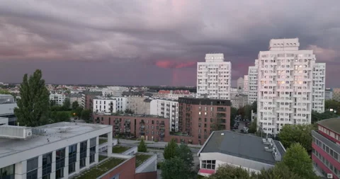 Manhattan Estate tower blocks under stormy pink sky in Wrocław Stock Footage 346645882