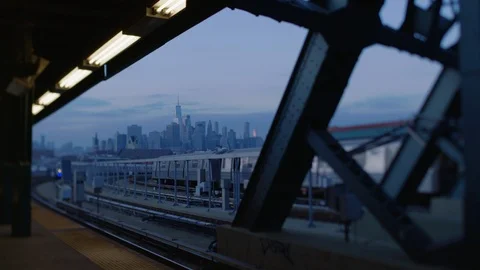 Manhattan from F Train at Dusk Stock Footage 86189173