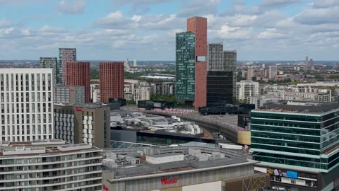 Manhattan loft gardens tower notch revealed in right orbit drone move over Stock Footage 345621676
