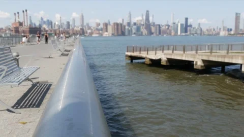 Manhattan Midtown skyline, Edge Park, New York City Brooklyn USA. East River Stock Footage 346119590