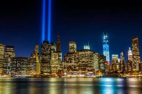 Manhattan New York City Skyline with 911 Memorial Lights September 11th NYC Stock Photos