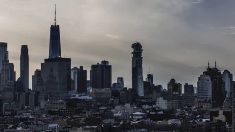 Manhattan, NYC Skyline clouds, Winter Day, One World Trade Center, 4k Timelapse Stock Footage 130986250