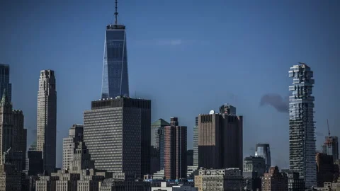 Manhattan Skyline, Blue Sky, Clouds, One World Trade Center, 4k Timelapse Stock Footage 130943046
