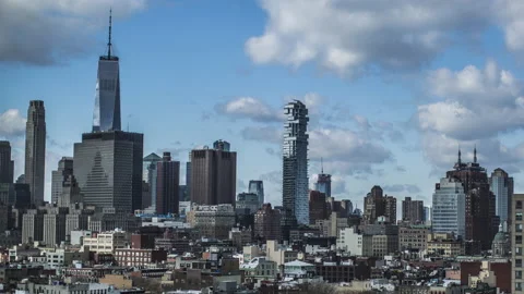 Manhattan Skyline, Blue Sky, Clouds, One World Trade Center, 4k Timelapse Stock Footage 130948807